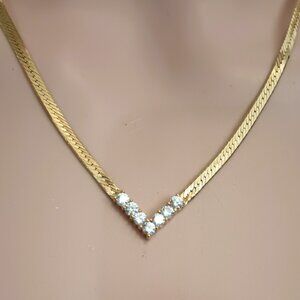 Herringbone V- Point Chain Necklace 18" Women's Vintage Gold Tone CZ Jewelry